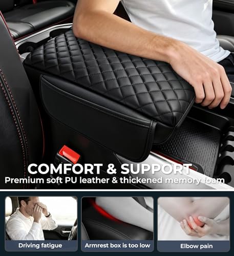 Image of Center Console Cover for Dodge Ram 1500 /2500 /3500 2019-2026 5th Gen, Fits Bucket Seat Only, Interior Accessories 1.2-Inch Thick PU Leather Armrest Cushion Protector with 2 Side Pockets, Black