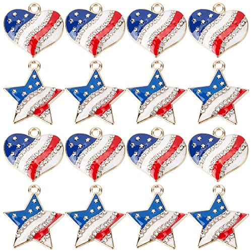 SUNNYCLUE America Flag USA Patriotic Independence Day 4th of July Rhinestone Love Heart Star Charms for Jewelry Making Necklace Bracelets Earrings Women DIY Crafts (20 Pieces)