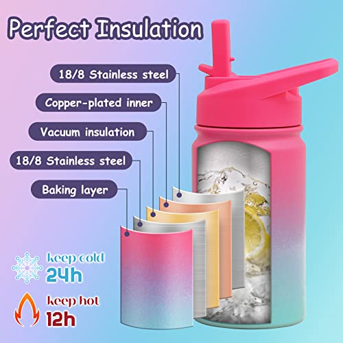 Mininoo Kids Water Bottle With Straw, Insulated 12 Oz Water Bottle For Kids With Straw Lid And Chug Lid For Toddlers, Girls, Boys (Punch/Green) #TOP3