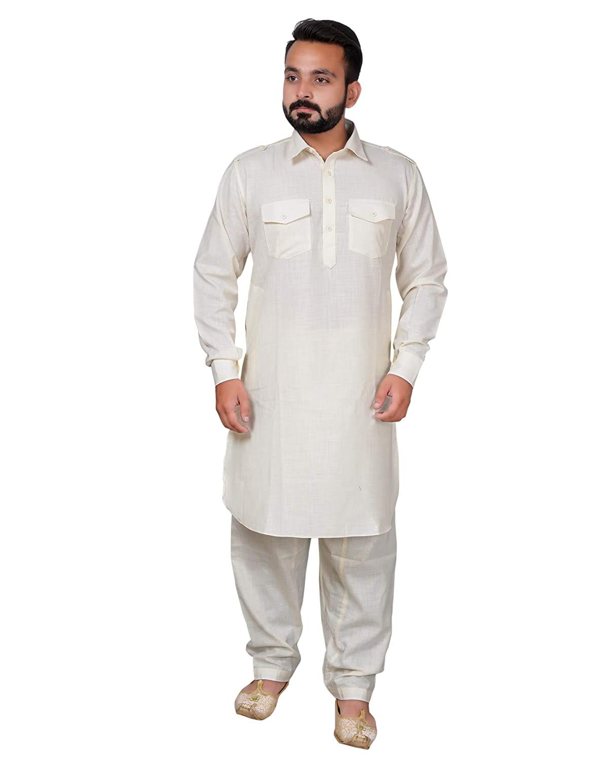 SyroxMen's Cotton Pathani Salwar Suit | Traditional Kurta | Cotton Blend Material | Ethnic Wear for Men/Boys Cream