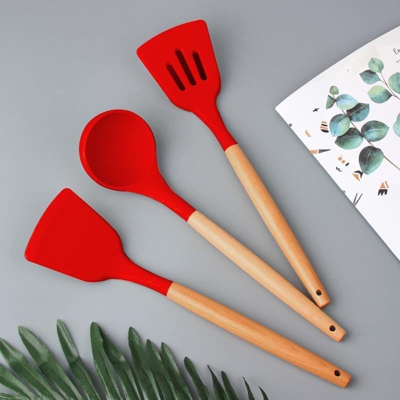 Image of Silicone Spatula Set of 3 - Wooden Handle Kitchen Tools (Red, White,Black,Blue, Green) - Heat Resistant, Non-Stick, Cooking & Mixing Spatulas for Non-Stick Pans (RED)