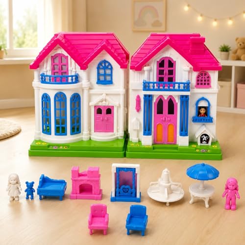 Image of My First Villa Portable Dollhouse Playset for Kids | Vibrant Pretend Play Toy Home with Balcony, Windows, and Openable Doors | Birthday Gift for Girls & Toddlers (Blue & Pink) (Pink)