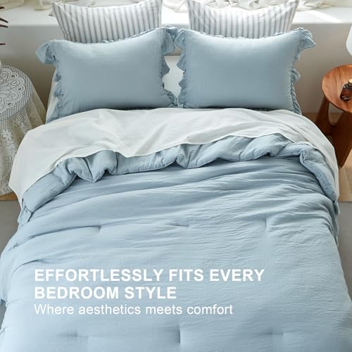 Image of Blue Ruffle Comforter Set Queen, Pre-Washed Shabby Chic Bedding Set, Lightweight Cottagecore Soft Romantic Cozy 1 Comforter & 2 Shams, All-Season