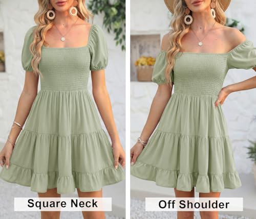 Image of Veatzaer Women's Puff Sleeve Square Neck Smocked Babydoll Dress Boho Floral Print Off Shoulder Ruffle Mini Short Dress
