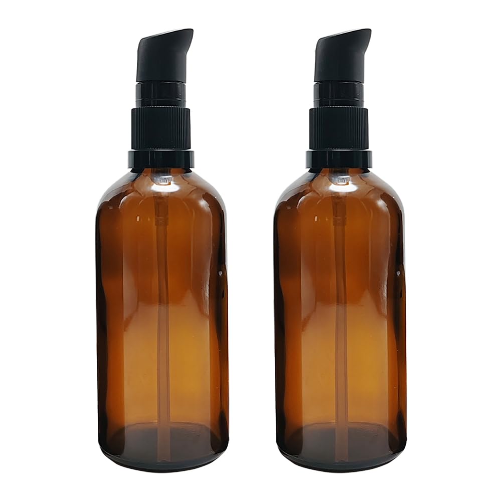 2 Pcs 100ml 3.4oz Empty Refillable Amber Glass Lotion Pump Bottles Cosmetic Makeup Travel Size Pump Dispenser Container Bottles for Lotion Cream Essential Oil