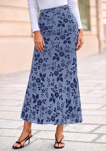 BTFBM Womens Floral Mesh Maxi Skirts,Dusty Blue,Small - image 7