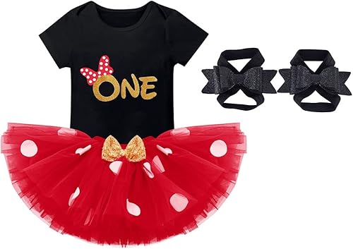 IMEKIS Traje de 1er cumpleaños para bebé niña + falda tutú de lunares + diadema con orejas de ratón + sandalias para sesión de fotos