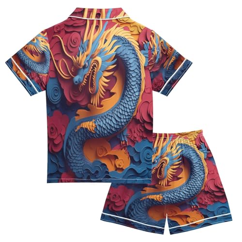 ALAZA Chinese Dragon Blossom Flower Color Satin Pajamas Set Short Sleeve Button Down Sleepwear Summer Pjs 2 Piece2