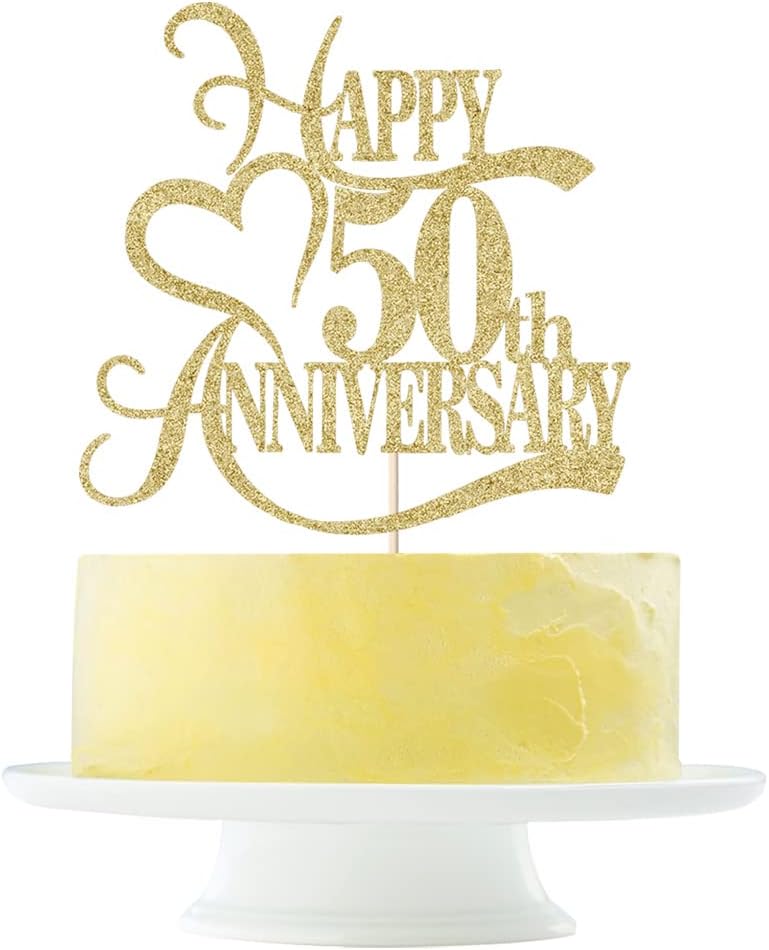 Yetxel Gold Glitter 50th Anniversary Cake Topper - 50 Wedding Anniversary Party Decoration Ideas, 50th Anniversary Party / 50th Birthday Party Decorations