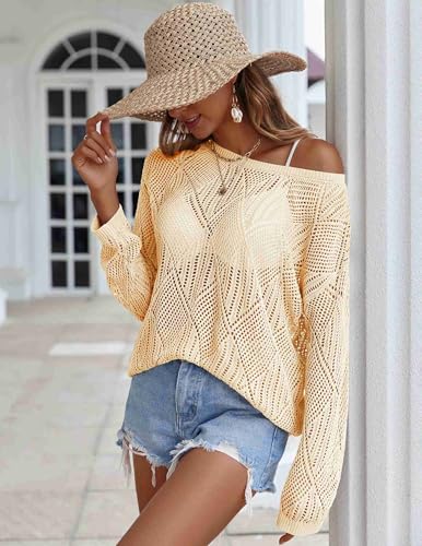 Image of Zeagoo Crochet Tops for Women Hollow Out Sexy Long Sleeve Mesh Knit Off The Shoulder Sweater Cruise Outfits Beige M