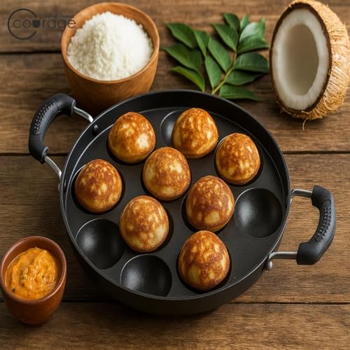 Image of Courage Non-Stick Appam Pan with 12 Cavities & Stainless Steel Lid | Appam Pan with Double Handle | Appam Maker | Litti Pan | Appam Pan | Dishwasher Safe (1, Black)