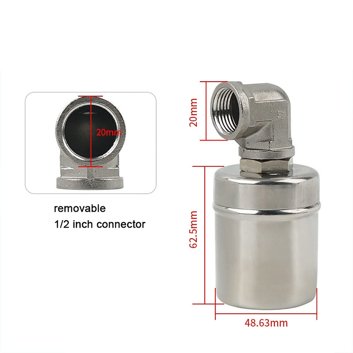 Valvola a galleggiante in acciaio inossidabile, Valvola a sfera galleggiante automatica da 1/2", valvola di controllo del livello 'acqua, regolatore automatico del livello del serbatoio 'acqua, interr