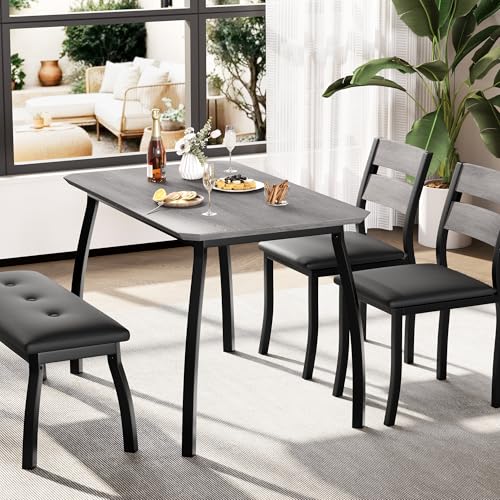 Dining Table Set for 4, Wooden Kitchen Table with Upholstered Bench & 2 Cushion Chairs, Space-Saving Dinette Set for Studio, Kitchen, Dining Room, Apartment(43''x28''x30''), Gray
