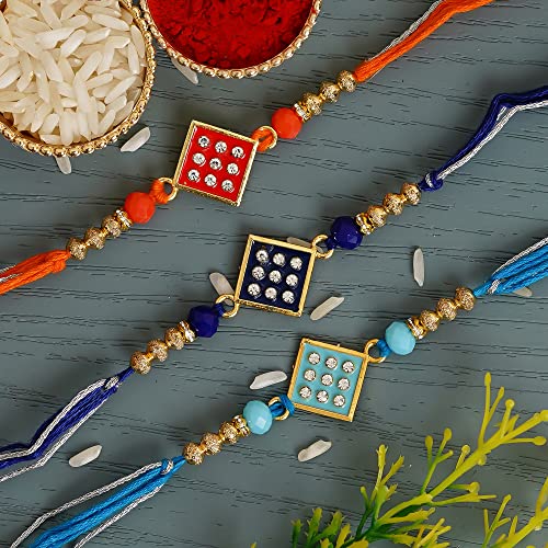 Image of eCraftIndia Set of 3 Pearl Diamond Rudraksha Designer Rakhis for Brother Bhaiya Bhai | Roli Chawal Pack | Raksha Bandhan Rakhi