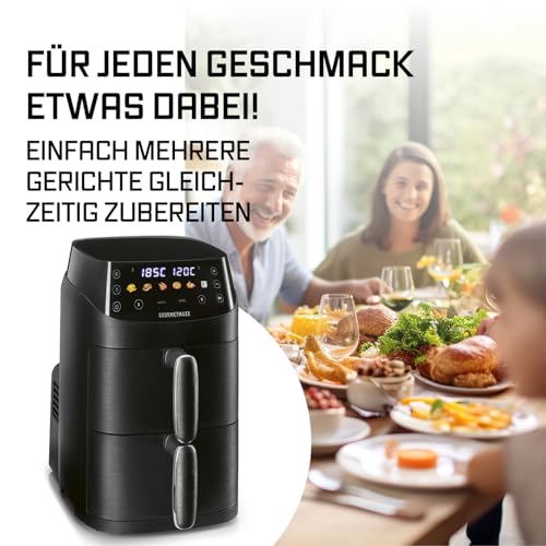 GOURMETmaxx FryUp Vertikale Doppelkammer Heißluftfritteuse XS | Airfryer mit MultiColour-LED-Touchdisplay | Heißluftfritteuse 2 Kammern, 5 L Volumen (2x2,5L) | Heissluftfritteuse Doppelkammer 2 Ebenen 6