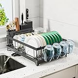 Multibao Dish Drainer Rack - Space Saving Dish Rack for Kitchen Counter, Kitchen Dish Drainer with Utensil Holder, Drain Board Cutlery Cup Holder Large Black