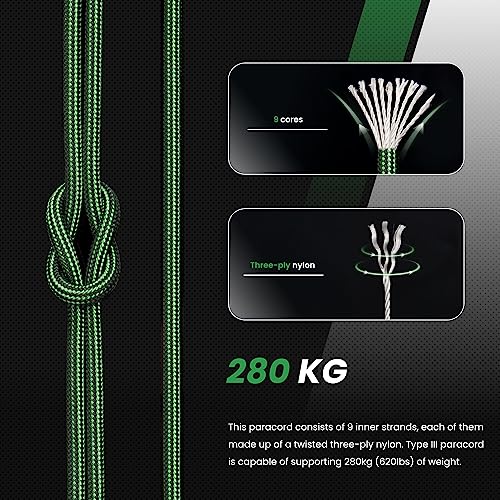 Abma Cord Paracord 620 lbs 4mm 9 Strands 100% Nylon 30M - Forest Green & Black, Stripes-forest Green & Black, 30 Meters - Image 3