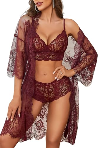 Avidlove Women's Lace Lingerie Set 3pcs Floral Bra and...