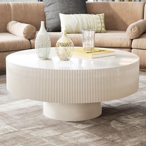 TWSOUL Table basse ronde moderne, table de salon avec design strié, table basse blanche, table d'accent ronde unique pour le salon, 78 x 35 cm