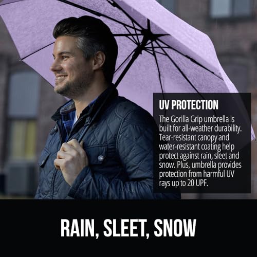 Image of GORILLA GRIP Compact Travel Size Umbrella for Rain, Sleek Design Fits Backpack, Purse and Carry On, Lightweight Under 1lb, One Click Open and Close, Wind Resistant, Durable Waterproof, Purple