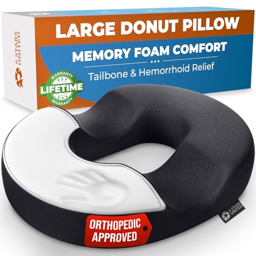 5 STARS UNITED Donut Pillow Hemorrhoid Tailbone Cushion – Large Cushion for Pain Relief – Coccyx, Prostate, Sciatica, Pelvic Floor, Pressure Sores, Pregnancy, Postpartum Recovery, Black