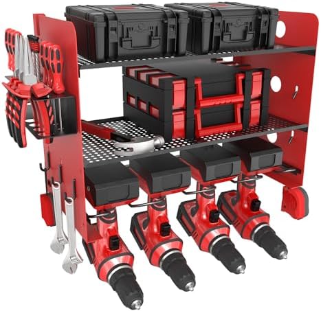 NWH Power Tool Organizer Wall Mount,Tool Organizer with 5 Drill Racks in Garage, 3 Levels of Storage Space, Heavy Duty Metal Power Tool Storage Rack Tool Shelf for Garage Organization