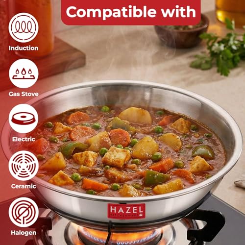HAZEL Triply Stainless Steel Tasra with Steel Lid 5.5L | Induction-Compatible Cookware, 33.8cm | Kadai for Frying & Deep Cooking | Heavy Bottom... - Image 7