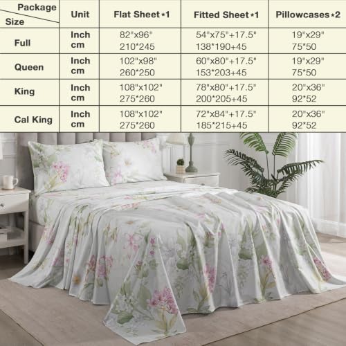 Image of Sage Green Vintage Floral Percale Sheets Full Size Deep Pocket | 100% Cotton Flower Leaf Farmhouse Sheet Set, Neutral Print Shabby Chic Bed Sheets, Luxury Designer Bedding, Soft Crisp, 4Pcs
