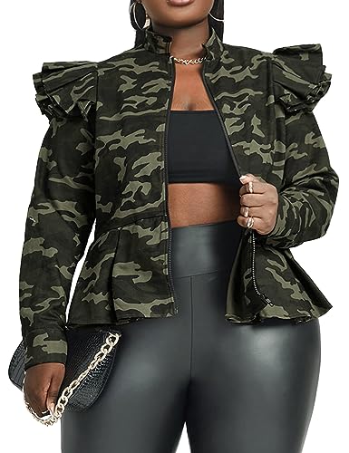 LifeShe Women's Zip up Ruffle Sleeve Peplum camo Jacket Blazers Camouflage Denim Jean Jackets