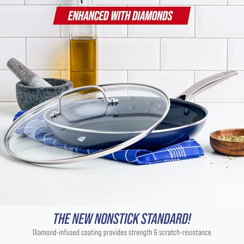 Image of Blue Diamond 12 inch Nonstick Frying Pan with Lid, Diamond Infused PFAS & PTFE-Free Ceramic Skillet, Dishwasher & Oven Safe, Stay Cool Handle, Durable Non Toxic Metal Utensil Safe, Glass Lid, Blue