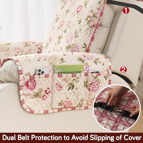 Image of HOKIPO Quilted Recliner Mat 1 Seater, with Side Pockets, Beige Peonies