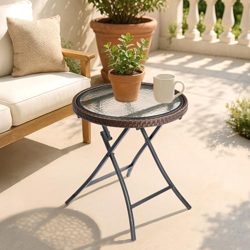 MATONELL Round Rattan Outdoor Side Table with Tempered Glass Top - 18.9\" Foldable Wicker Patio Table for Garden, Balcony, Poolside, Brown Rust-Resistant Metal Frame, Lightweight & Portable