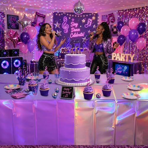 Image of 3 Pack Iridescent Pink and Purple Kpop Plastic Tablecloths, FunnyPars Disposable Rectangle Table Covers, Holographic Metallic Foil Tablecloth Iridescent Party Decorations for Kpop Birthday, 54x108Inch