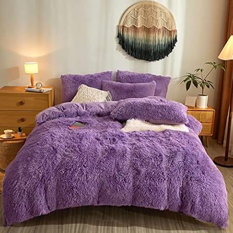 Besfunny 5 PCS Shaggy Duvet Cover Bedding Set - Long Faux Fur Luxury Ultra Soft Cozy (Full/Queen, Purple) Cover