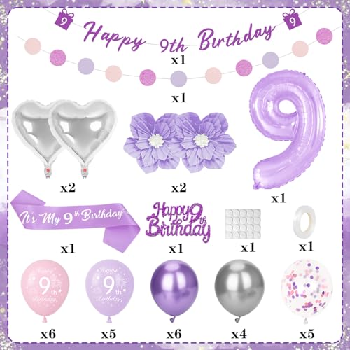 Deko 9 Geburtstag Mädchen, Lila Geburtstagsdeko 9 Jahre Mädchen Umfassen Folienballon 9, Kuchen Topper, Bänder, Sash, Violette Blumen, Luftballon 9. Geburtstagdeko