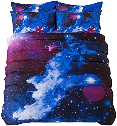Cliab Kids Full Size 7-Piece Reversible Galaxy Bedding Set Galaxy Duvet Cover Set Purple Nebula Bedding Set Deep Space Bedding Cosmos Galaxy Stars with Blue Sky Print for Kids Boys and Girls