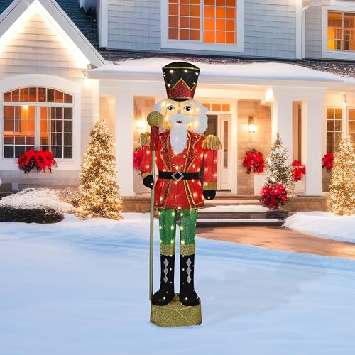 MUPATER 5.9 FT Lighted Outdoor Nutcracker Christmas Decor, Nutcracker Soldier Christmas Yard Decoration with Scepter, Ground Stakes and Zip Ties, Xmas Holiday Display for Front Door, Porch, and Party