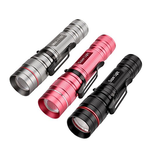 WEIKAILTD Pack of 3,Assorted Colors,300 lumens Mini LED Flashlight with three CREE T5 LED,Adjustable Focus, 3 Modes, Anodized Finish