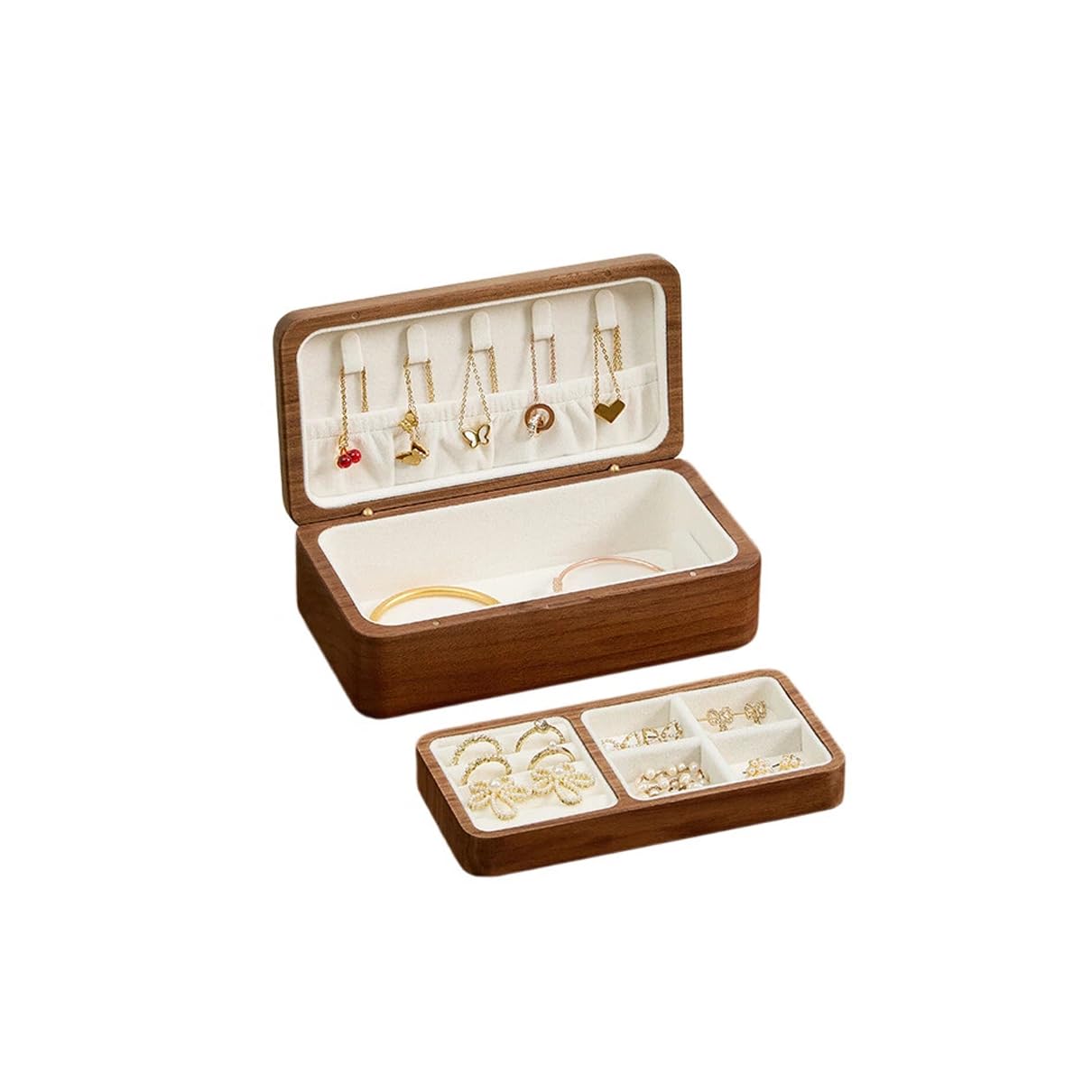 pu&lizfii Kleine Schmuckschatulle aus Walnussholz, mit Samtinnenseite, Magnetverschluss, Mini-Reise-Schmuck-Organizer für Halsketten, Ohrringe, Ringe, kleine Accessoires, elegante