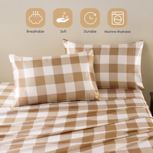 Image of MR&HM Satin Bed Sheets with Elastic Corner Straps, Queen Size Sheets Set, 4 Pcs Silky Bedding Set with 15 Inches Deep Pocket for Mattress (Queen, Latte Check)