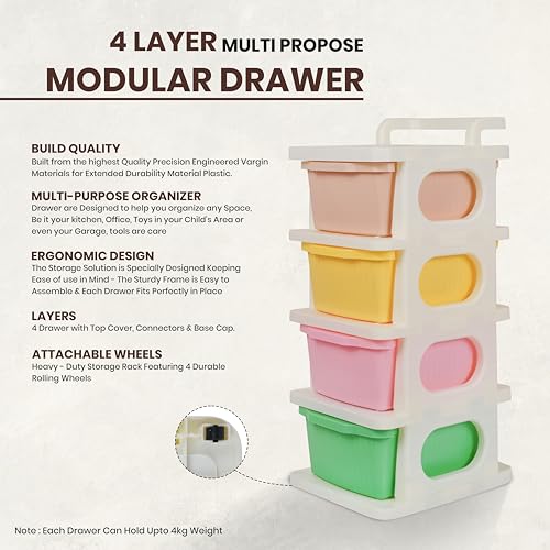 Image of KITCHIVO Heavy Duty Plastic Storage Drawer with Wheels | Modular Cabinet for Bedroom, Office, Home or Classroom| Chest of Drawers Organiser for Cosmetics, Kitchen items, Toys (Multi, 4)