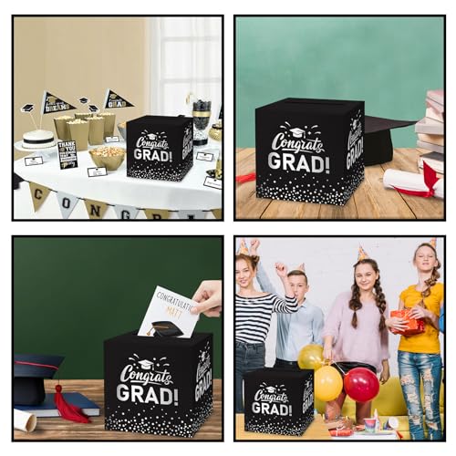 QIKSION Graduation Black Card Box with Silver Foil Design, Congrats Grad Decorations Box for Graduation Party Favors Decor Supplies