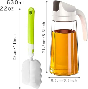 VUL Oil Dispenser, Auto Flip Cap Oil Bottle for kitchen, 630ml Glass Olive Oil Bottle with Brush, Non-Drip Spout, Leakproof, Non-Slip Handle Container for Kitchen Cooking