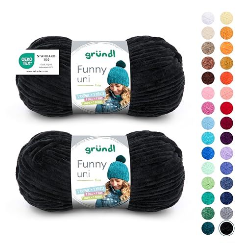 Gründl Wolle Funny uni - weiche Chenille Wolle zum Häkeln - Kuschelig und hautfreundlich - 100% Polyester - 2 Knäuel 100 g / 120 m - Nadelstärke 5-6, Schwarz