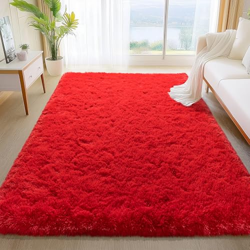Soft Red Rugs for Bedroom, 4x6 Fluffy Fuzzy Shaggy Rugs for Living Room, Non-Slip Bedside Shag Rug Carpet for Kids Room Nursery Dorm Home Decor