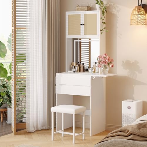 Rubikliss Small Vanity Desk with Mirror and Lights, White Compact Makeup Vanity with Chair and Fold-up Panel for Small Spaces, Skinny Rattan Dressing Table Set, Dimmable 3-Color, Space Saving, Girls