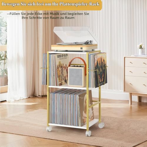 Bikoney Plattenspieler Ständer Rollender Beistelltisch mit Großem Schallplattenständer Vinyl Ständer Wagen für Bis zu 150 Alben… – Ansicht 4