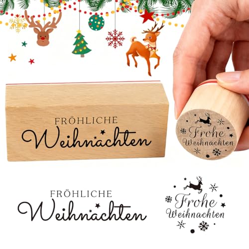 BHGWR Stempel Weihnachten Holzstempel 2 Stück Weihnachtsstempel Kinder aus Holz Stempel Frohe Weihnachten Schriftzug Motivstempel Deutsch Sprüche für Karten Scrapbooking Geschenkpapier zum Basteln