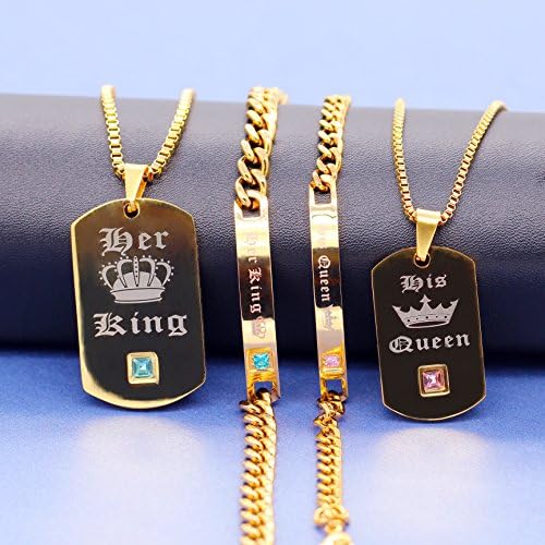 Uloveido His and Hers Titanium Stainless Steel Matching Necklace and Bracelet Set His Queen and Her King Couples Bracelet Valentine's Day Gifts ST117