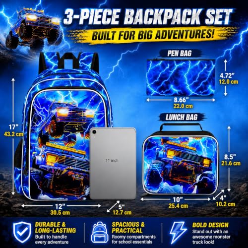 Image of 17 inch Truck Backpack for Boy, 3Pcs Lightning Bookbag for Elementary Preschool Kindergarten, Kids School Thunder Backpacks with Lunch Box (Blue)